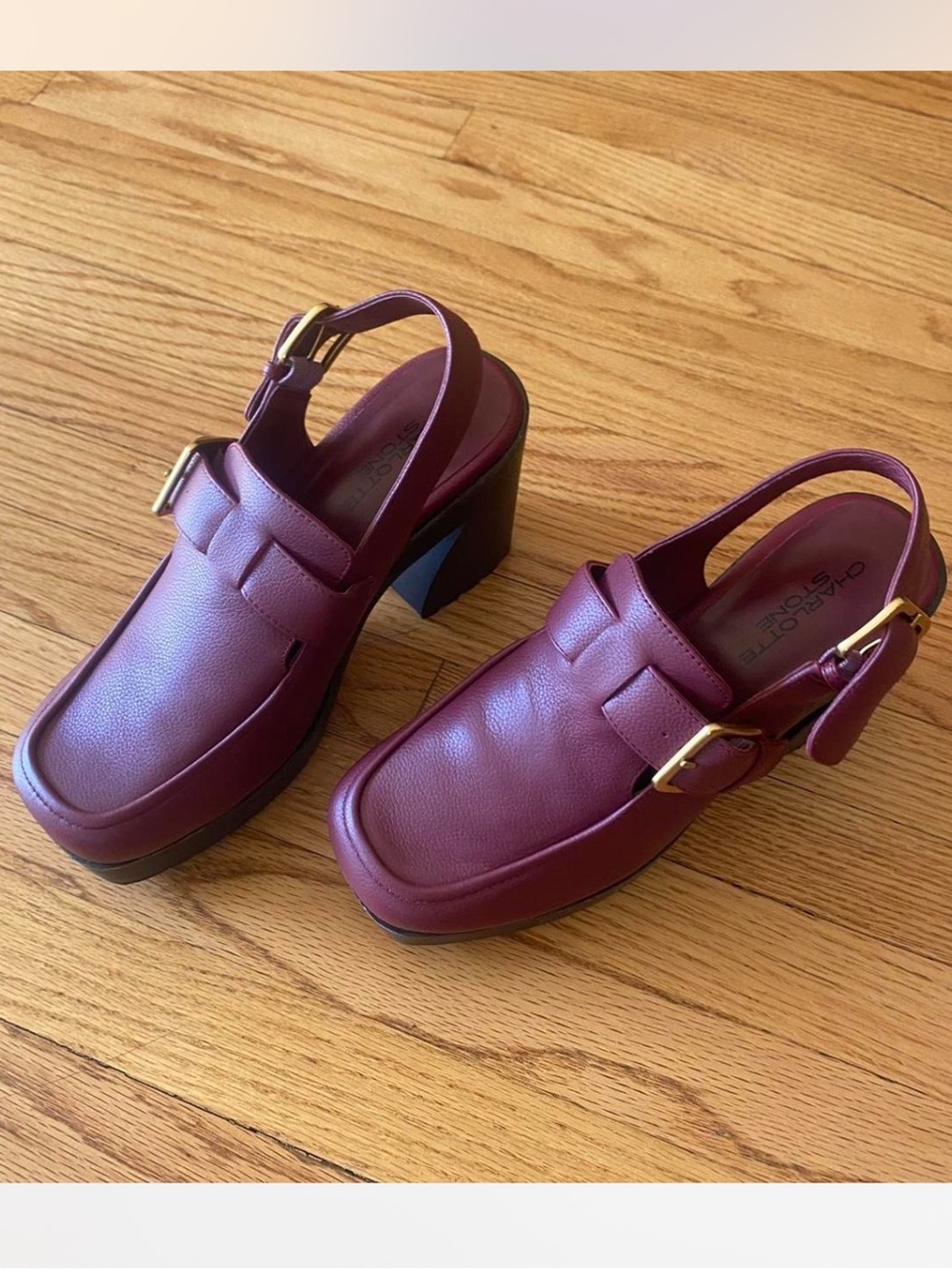 Charlotte Stone Burgundy Platform Mule Heels with Gold Buckles - Picture 5 of 5
